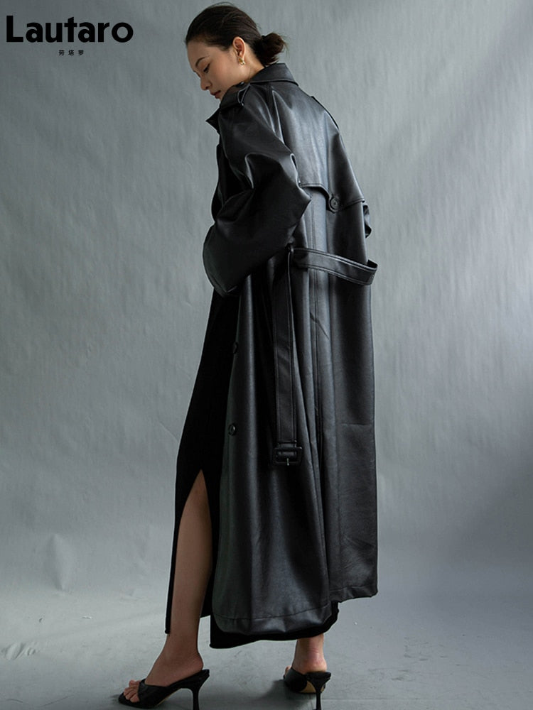 Lautaro Autumn Extra Long Oversized Black Faux Leather Trench Coat for Women Long Sleeve Belt Double Breasted Loose Fashion 2021