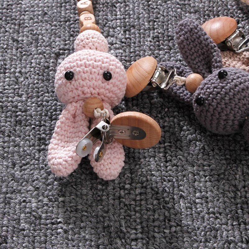 1pc Crochet Bunny Baby Pacifier Clip Chain BPA Free Wooden Beads Appease Soother Chain Clips Newborn Dummy Holder Nipple Clip
