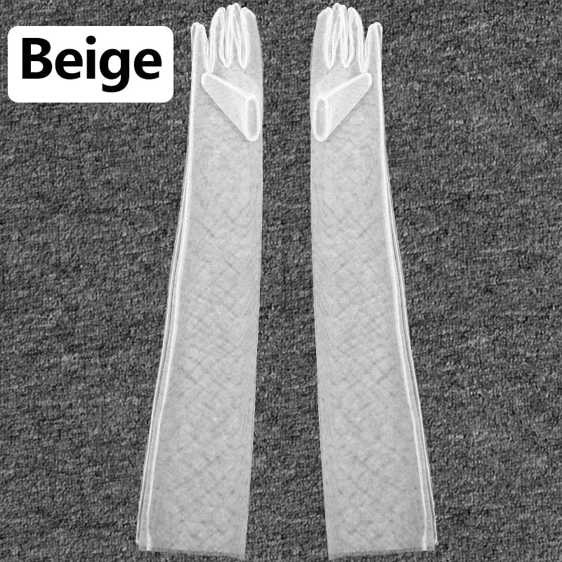 70CM Women Ultra Thin Gloves Tulle Elbow Long Wedding Bride Dress Mittens Sheer Transparent Sunscreen Vintage Black White Glove