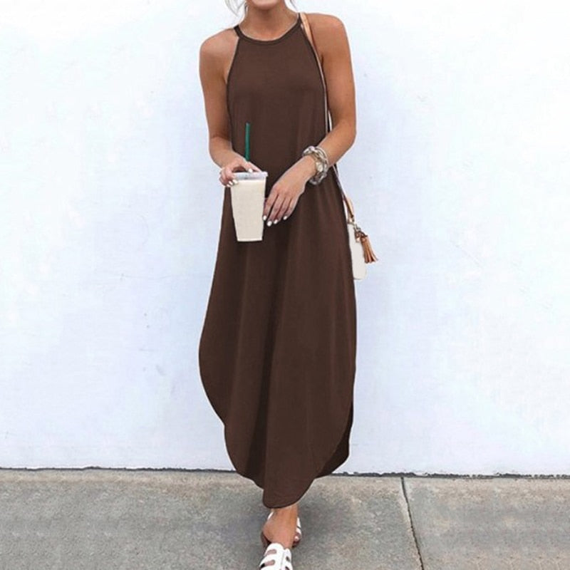 Women Dress Summer 2021 Casual Sleeveless Retro Halter Solid Beach Long Dress Round Neck Sling Fashion Beach Clothes Plus Size