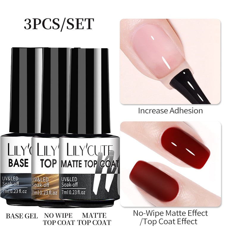 LILYCUTE 3 PCS Gel Nail Polish Set Nude Pink Glitter Sequins Matte Effect Gel Long Lasting Base Top Coat Nail Art Design Hybrid