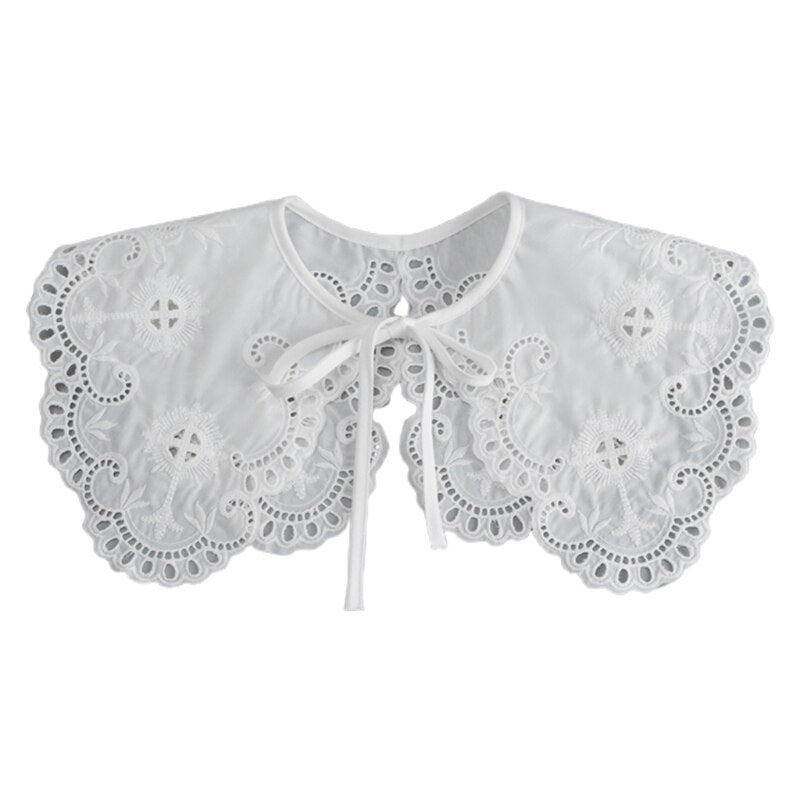 Royal Style Cotton Fake Collar Shawl Wrap Hollow Out Floral Lace Ruffled Trim Necklace Pointed Triangle Lapel Blouse