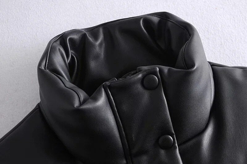 Black Stand Collar Vests Women Fashion Zipper PU Leather Coats Women Elegant Autumn Winter Short Vests Female Ladies