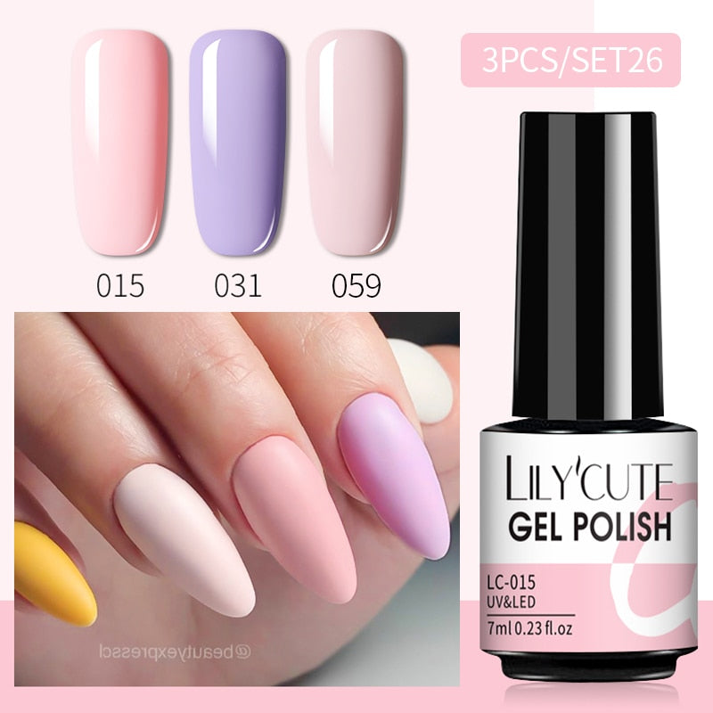 LILYCUTE 3 PCS Gel Nail Polish Set Nude Pink Glitter Sequins Matte Effect Gel Long Lasting Base Top Coat Nail Art Design Hybrid