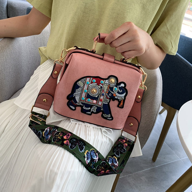 Vintage Embroidery Elephant Bag Bags Wide Butterfly Strap PU Leather Women Shoulder Crossbody Bag Tote Women&