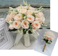 Holding Flowers Artificial Natural Rose Wedding Bouquet with Silk Satin Ribbon Pink White Champagne Bridesmaid Bridal Party