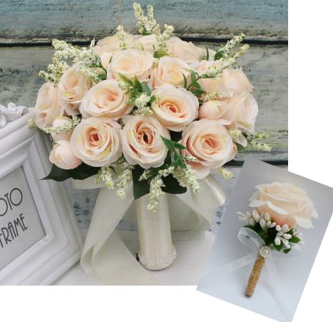 Holding Flowers Artificial Natural Rose Wedding Bouquet with Silk Satin Ribbon Pink White Champagne Bridesmaid Bridal Party