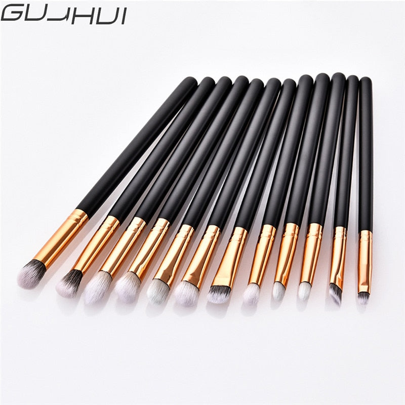 GUJHUI 12Pcs Professional Eyes Makeup Brushes Set Wood Handle Eyeshadow Eyebrow Eyeliner Blending Powder Smudge Brush