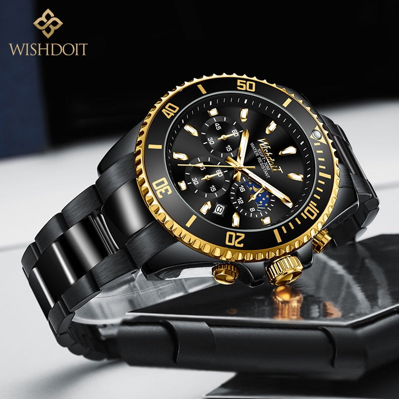 100%Original WISHDOIT Watch for Men TOP Brand Waterproof Sports Stainless Steel Chronograph 2021New Fashion Luxury Wristwatches
