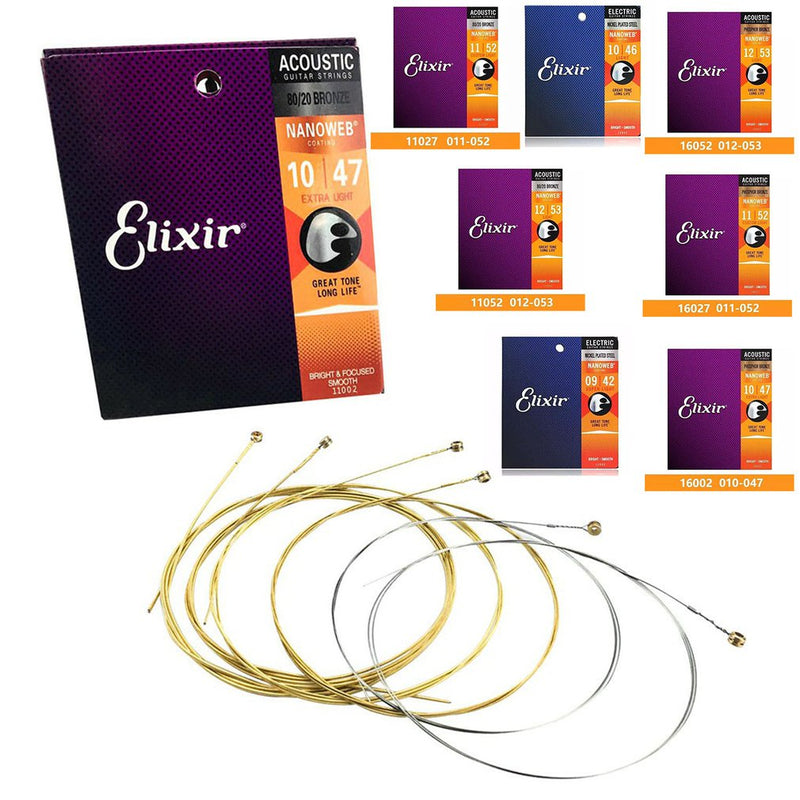 Elixir Acoustic Guitar Strings Set Phosphor Bronze Strings Bright Tone Anti-Rust Nanoweb 11002 11027 11052 16002 16027 16052