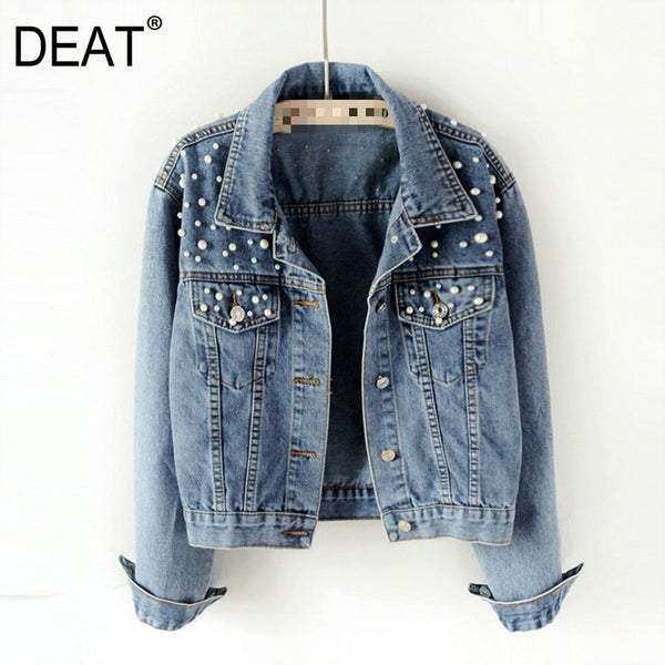DEAT Fast Delivery New Autumn Fashion Women’s Denim Jacket Full Sleeve Loose Button Pearls Short Lapel Wild Casual 2022 AP446