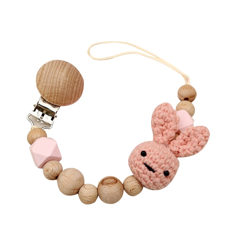 1pc Crochet Bunny Baby Pacifier Clip Chain BPA Free Wooden Beads Appease Soother Chain Clips Newborn Dummy Holder Nipple Clip