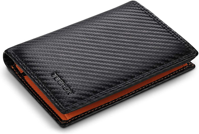 TEEHON Carbon Fiber Leather Men Wallet Coin Pocket RFID Credit Card Holder Half Span Design Black Purse