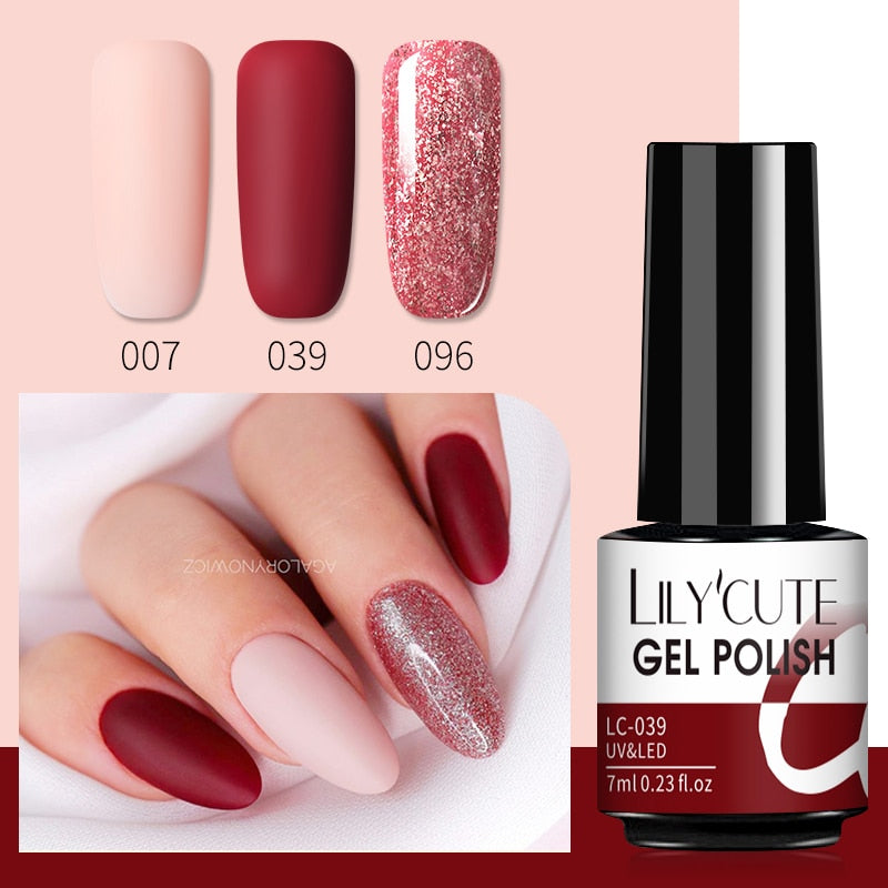 LILYCUTE 3 PCS Gel Nail Polish Set Nude Pink Glitter Sequins Matte Effect Gel Long Lasting Base Top Coat Nail Art Design Hybrid