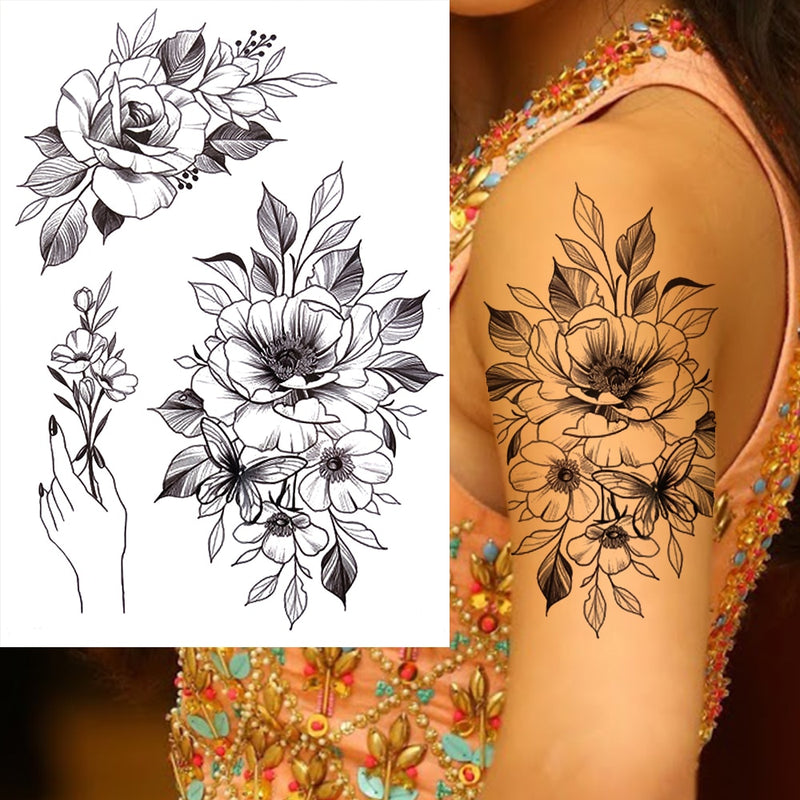 Sexy Flower Temporary Tattoos For Women Body Art Painting Arm Legs Tattoos Sticker Realistic Fake Black Rose Waterproof Tattoos