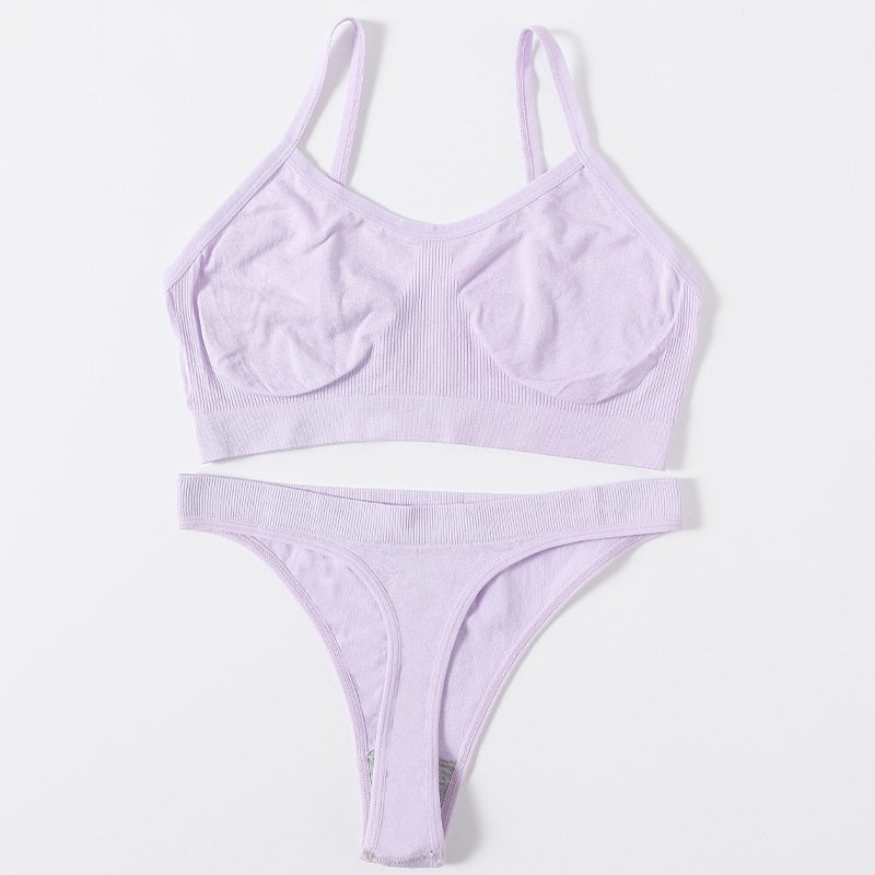 Sexy Women Bra Set Seamless Bra and Pantys Set Sexy Lingerie Set Rib Crop Top Female Brassiere Low Wasit Thong Fitness Underwear