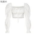 KLALIEN Spring Summer Fashion Elegant French Romantic Floral Puff Sleeve Square Collar Women Blouses New White Chiffon Shirt