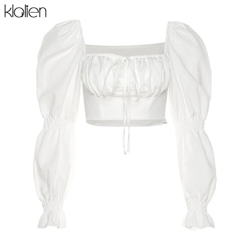 KLALIEN Spring Summer Fashion Elegant French Romantic Floral Puff Sleeve Square Collar Women Blouses New White Chiffon Shirt
