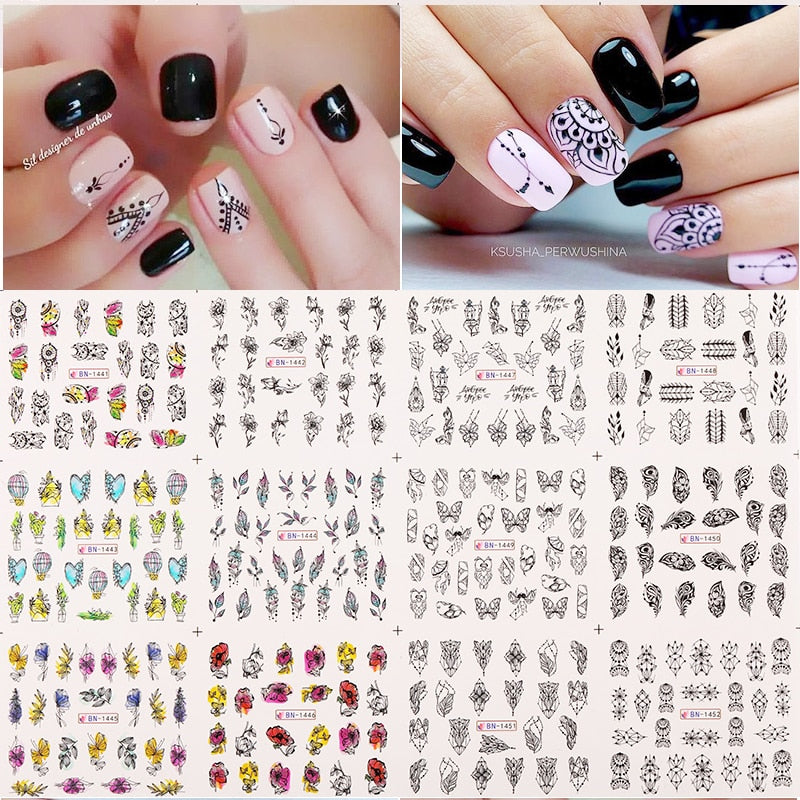 12 Designs Nail Stickers Set Mixed Floral Geometric Nail Art Water Transfer Decals Sliders Flower Leaves Manicures Decoration