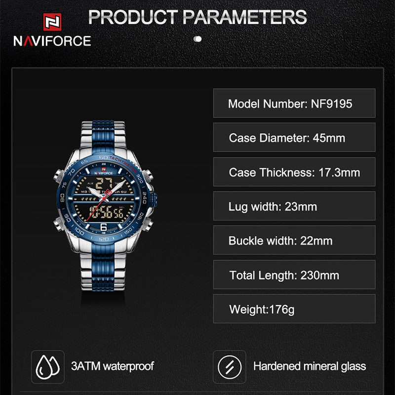 Luxury Brand NAVIFORCE Digital Sport Watch For Men Steel Band Waterproof Chronograph Alarm Clock Luminous Quartz Wrist watch Man