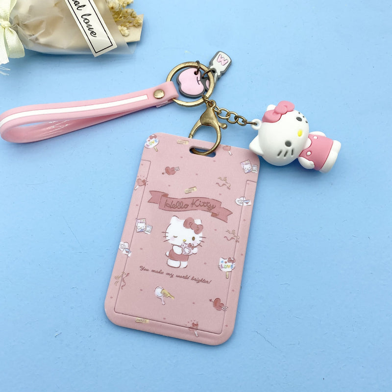 Kawaii Sanrio Keychain Cartoon Cat Sliding Card Holder Student Meal Card Bus Card Holder Lady Id Card Credit Card Holder Lanyard
