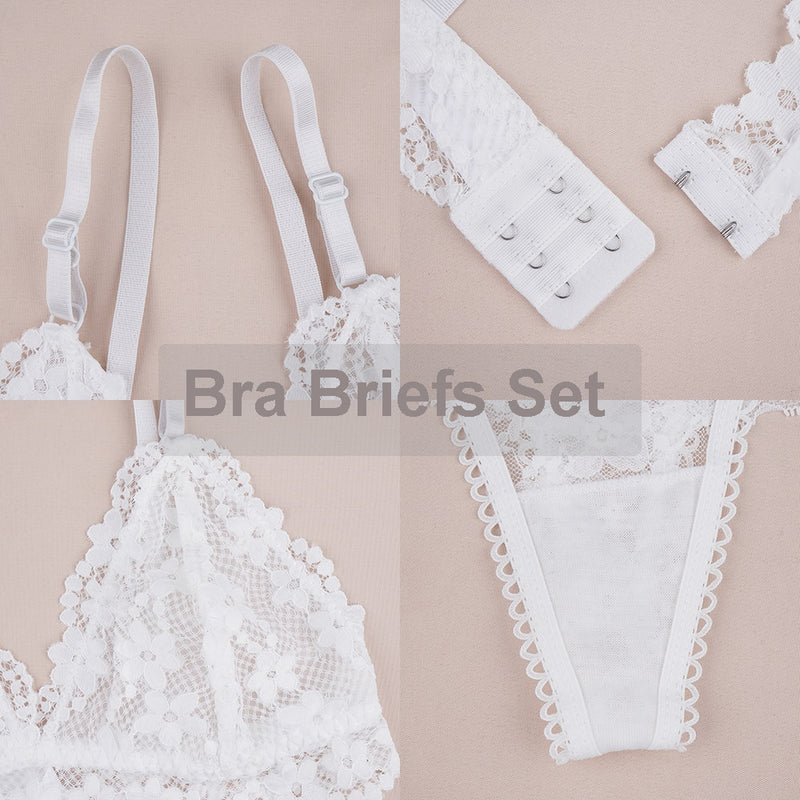 Women Lace Bra Briefs Set Sexy Wire Free Lingerie Hollow Out G-String Bra Set Female Transparent Seamless Intimate Underwear Set
