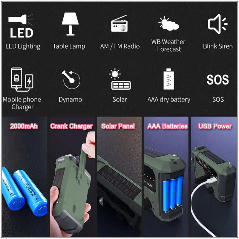 Portable Radio Hand Crank AM FM NOAA Emergency 3-in-1 Reading Lamp Flashlight Solar Charging Telescopic Antenna,SOS Alert