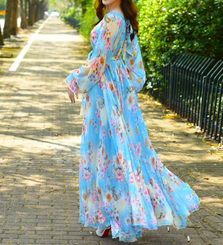 Maxi Dress Floral Printed  Loose Chiffon Fashion Abaya Islamic Clothes Muslim Female Saudi Arabia Dubai Kaftan Long Dress Summer