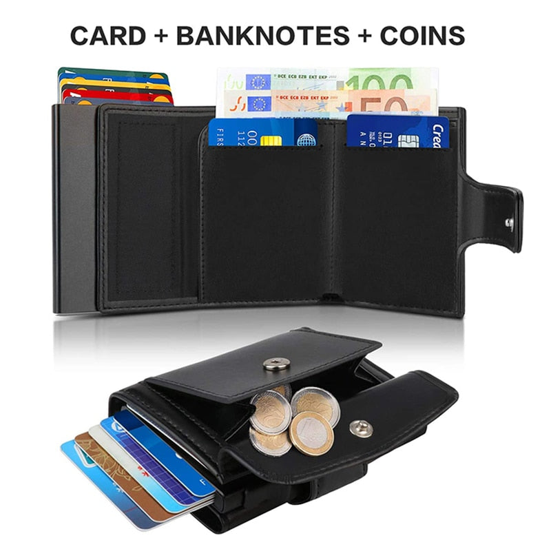 2022 Fashion Aluminum Credit Card Wallet RFID Blocking Trifold Smart Men Wallets 100% Genuine Leather Slim with Coin Pocket