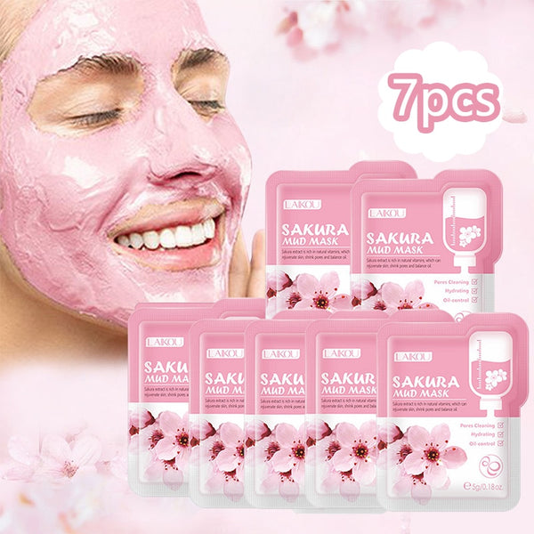 LAIKOU 7pcs Japan Sakura Mud Face Mask Cleansing Whitening Moisturizing Oil-Control Anti-Aging Clay Mask Packs Facial Skin Care