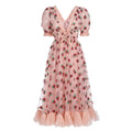 ISAROSE 2022 Strawberry Dress Women Deep V Puff Sleeve Sweet Voile Mesh Sequins Embroidery French Party Dresses 4XL 5XL