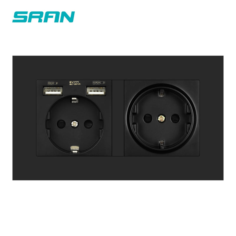 SRAN eu 2gang Power socket,16A electrical plug grounded Hide LED indicator,double Socket with USB, 146*86mm pc panel wall socket