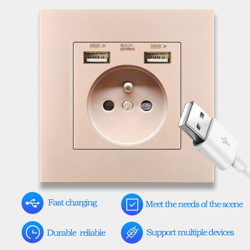 EOMR Wall USB Power Socket 5V 2.1A EU France Belgium Electrical Socket 16A Dual USB Plug IOS Android Phone Charging Ports Socket