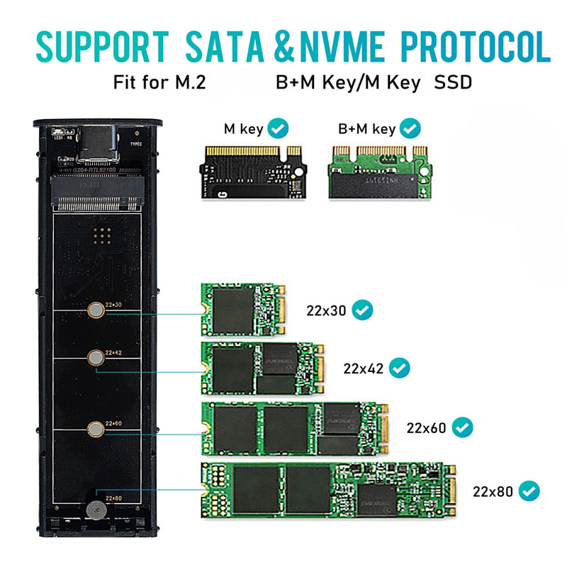 Dual Protocol M2 NVMe/SATA SSD Case 10Gbps HDD Box M.2 NVME NGFF SSD to USB 3.1 Enclosure Type-C to Type-A for M.2 Hard Disk