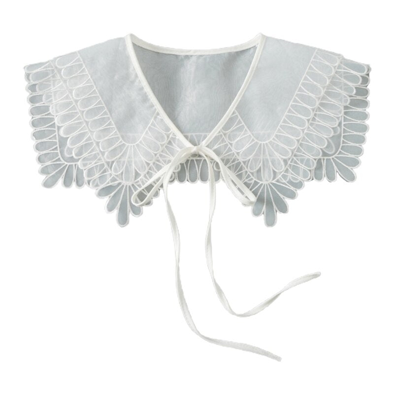 Royal Style Cotton Fake Collar Shawl Wrap Hollow Out Floral Lace Ruffled Trim Necklace Pointed Triangle Lapel Blouse