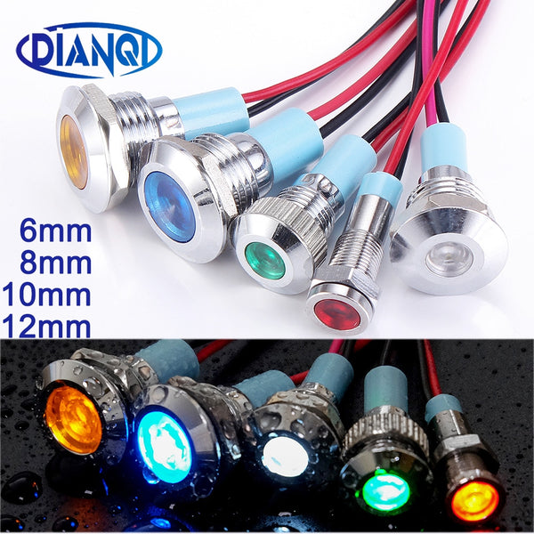 1pc 6mm 8mm 10mm 12mm Metal LED Warning indicator light Waterproof IP67 Signal Lamp Pilot Wires switch 3V 5V 12V 220V Red Blue