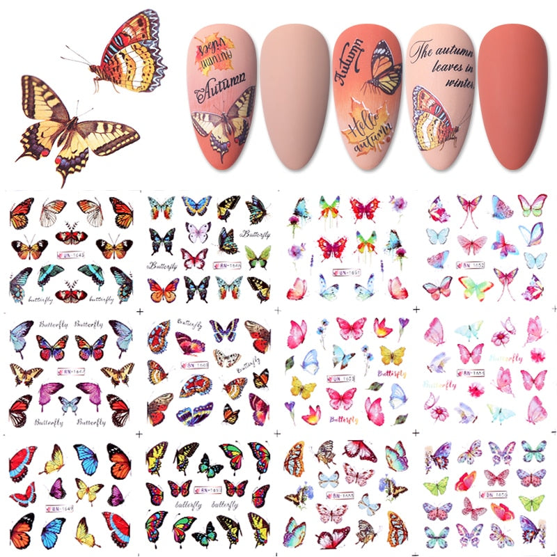 12 Designs Nail Stickers Set Mixed Floral Geometric Nail Art Water Transfer Decals Sliders Flower Leaves Manicures Decoration
