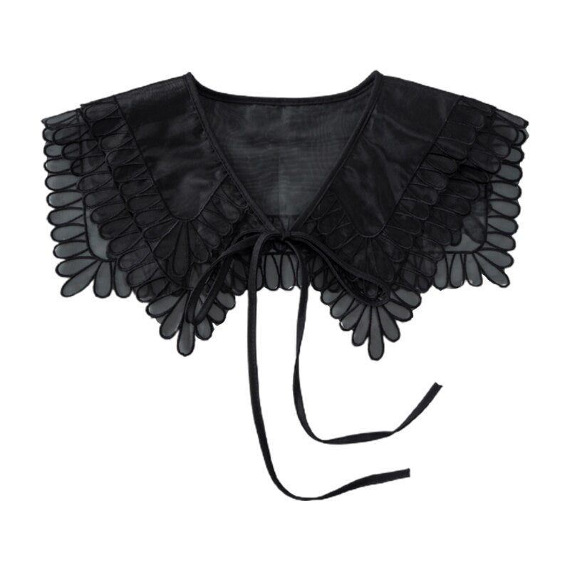 Royal Style Cotton Fake Collar Shawl Wrap Hollow Out Floral Lace Ruffled Trim Necklace Pointed Triangle Lapel Blouse