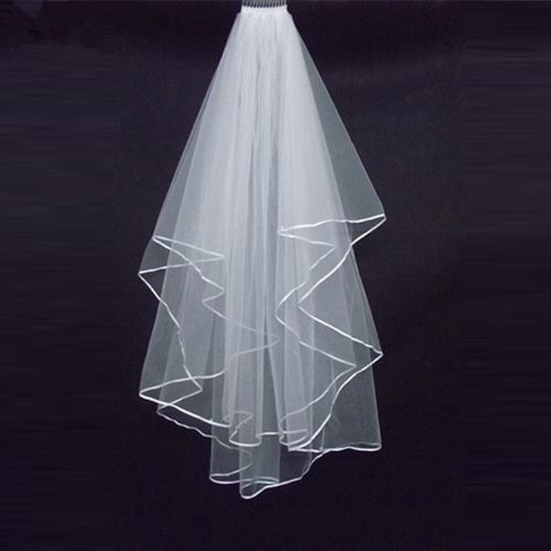 White Two Layers Tulle Short Wedding Veil Ribbon Edge Bridal Veil Wedding Accessories