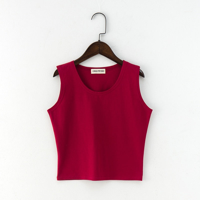 Sexy Women Round Neck Pure Color Crop Tops Patchwork  Sleeveless Camisole Tank Tops Fashion Ladies Slim Vest Tee Top T-shirt Hot