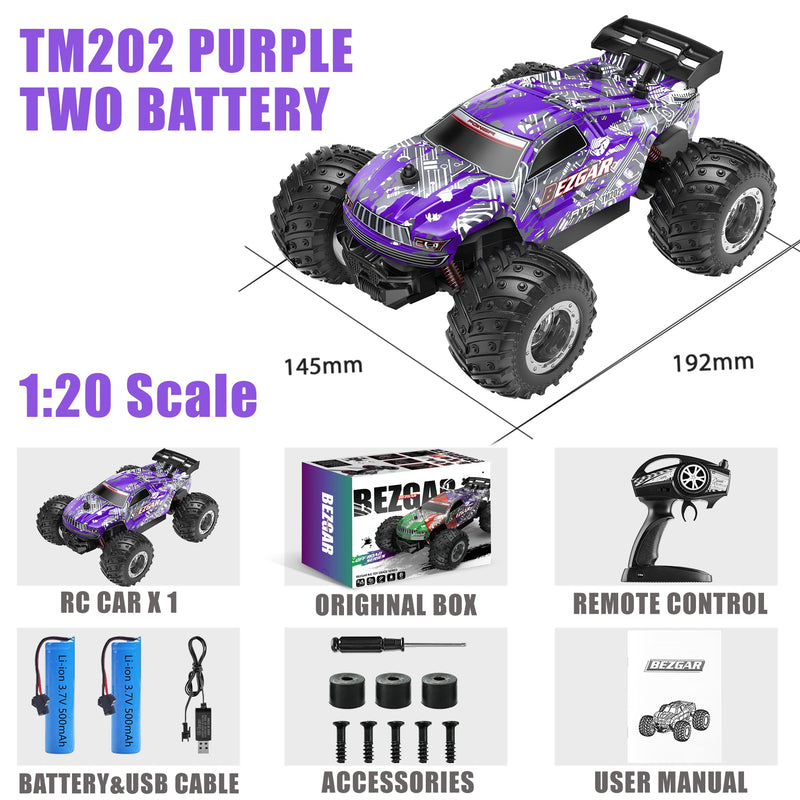 BEZGAR TM201 Remote Control Car,2.4GHz Rc Car All-Terrain 15Km/h 1:20 Off-Road Monster Truck Toy Christmas Present for Children