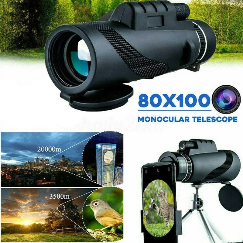 80X100 Hd Monocular Telescope 8000M Long Range Zoom Bak4 Prism Telescope with/without Tripod Phone Clip Hunting Outdoor Camping