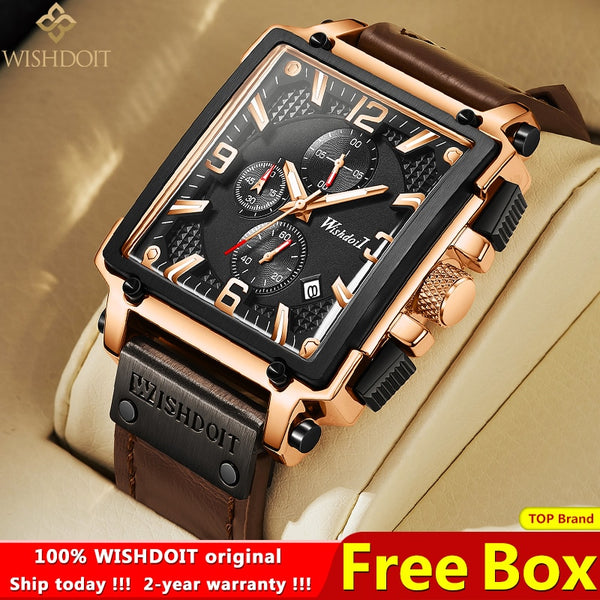 100%Original WISHDOIT Watch for Men&#39;s TOP Brand Waterproof Sports Chronograph Square 2021New Fashion Luxury Leather Wristwatches