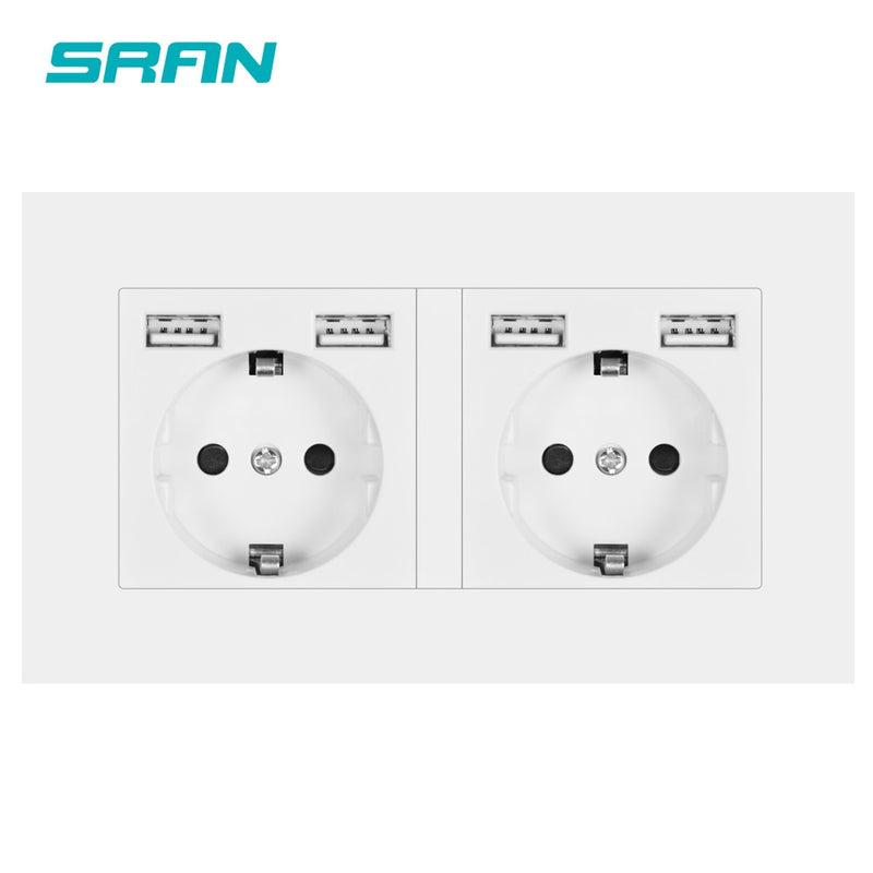 SRAN eu 2gang Power socket,16A electrical plug grounded Hide LED indicator,double Socket with USB, 146*86mm pc panel wall socket