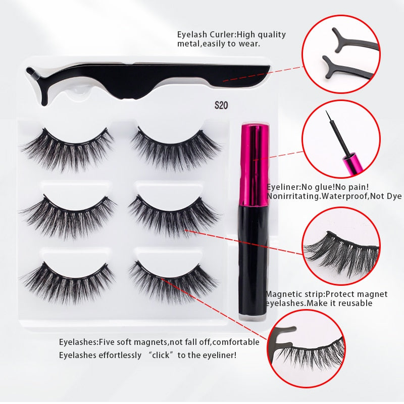 3Pairs Magnetic Lashes 3D Mink Eyelashes Wholesale Fake Eyelashes Magnetic Eyeliner With Tweezer Makeup Set For Beauty Faux Cils