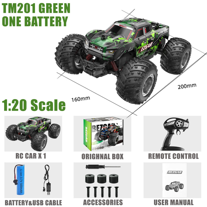 BEZGAR TM201 Remote Control Car,2.4GHz Rc Car All-Terrain 15Km/h 1:20 Off-Road Monster Truck Toy Christmas Present for Children