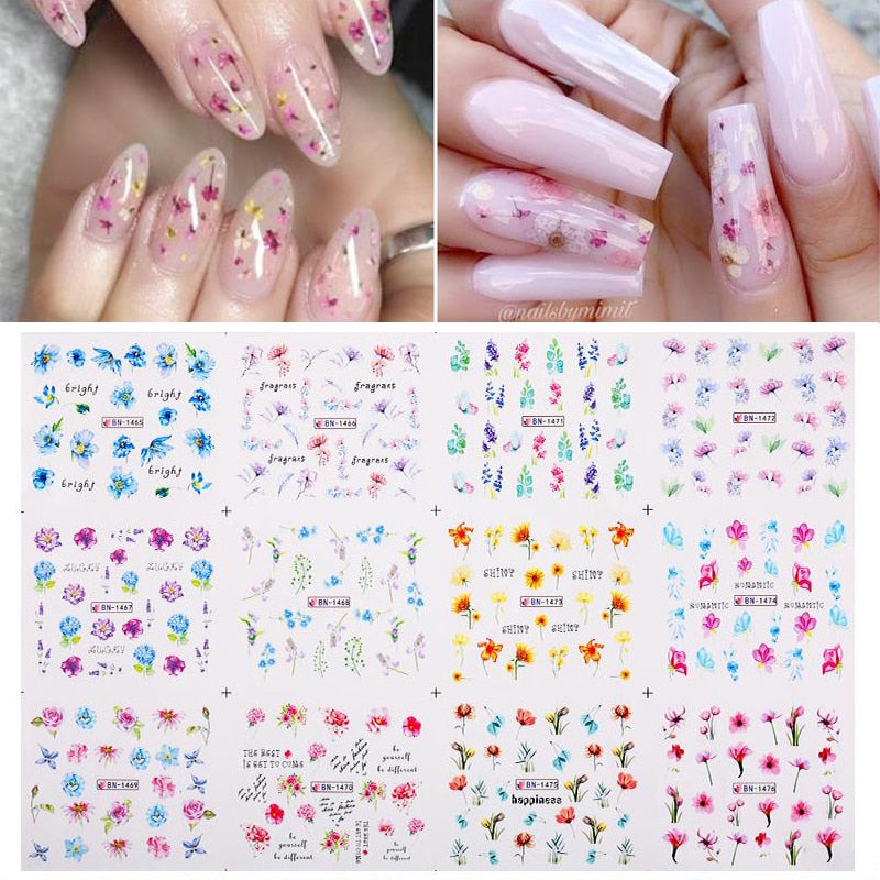 12 Designs Nail Stickers Set Mixed Floral Geometric Nail Art Water Transfer Decals Sliders Flower Leaves Manicures Decoration
