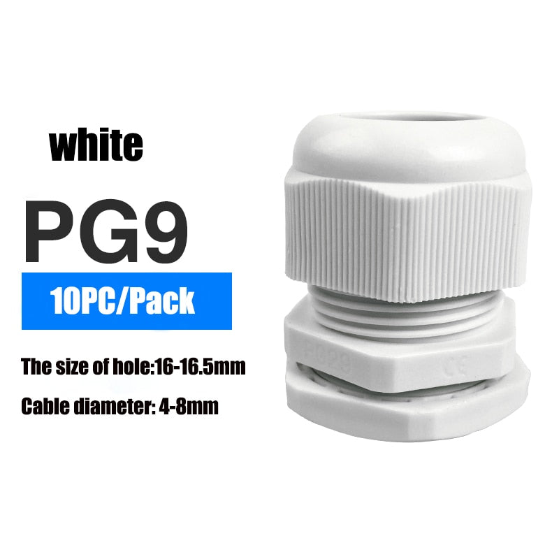 Waterproof Cable Gland 10pcs Cable entry IP68 PG7 for 3-6.5mm PG9 PG11 PG13.5 PG16 PG19/21/ White Black Nylon Plastic Connector