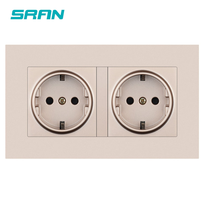 SRAN eu 2gang Power socket,16A electrical plug grounded Hide LED indicator,double Socket with USB, 146*86mm pc panel wall socket