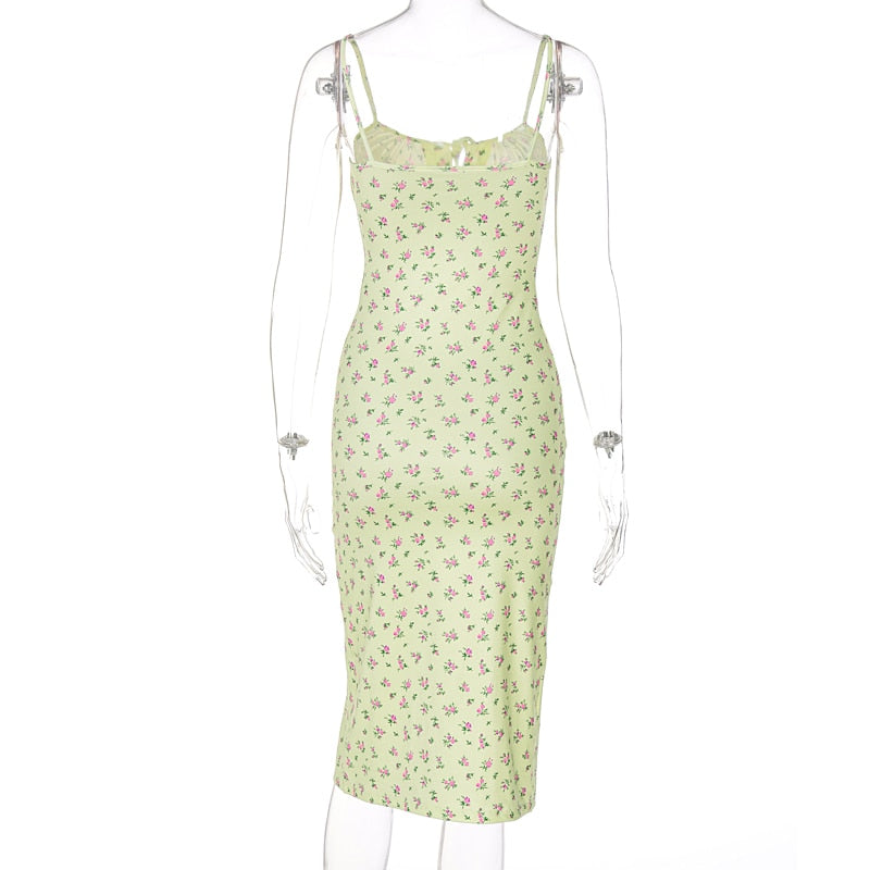 Chicology 2022 Summer Women Dress Small Floral Side Slit Sexy Sling French Slim Light Breathable Sleeveless Festival Dresses